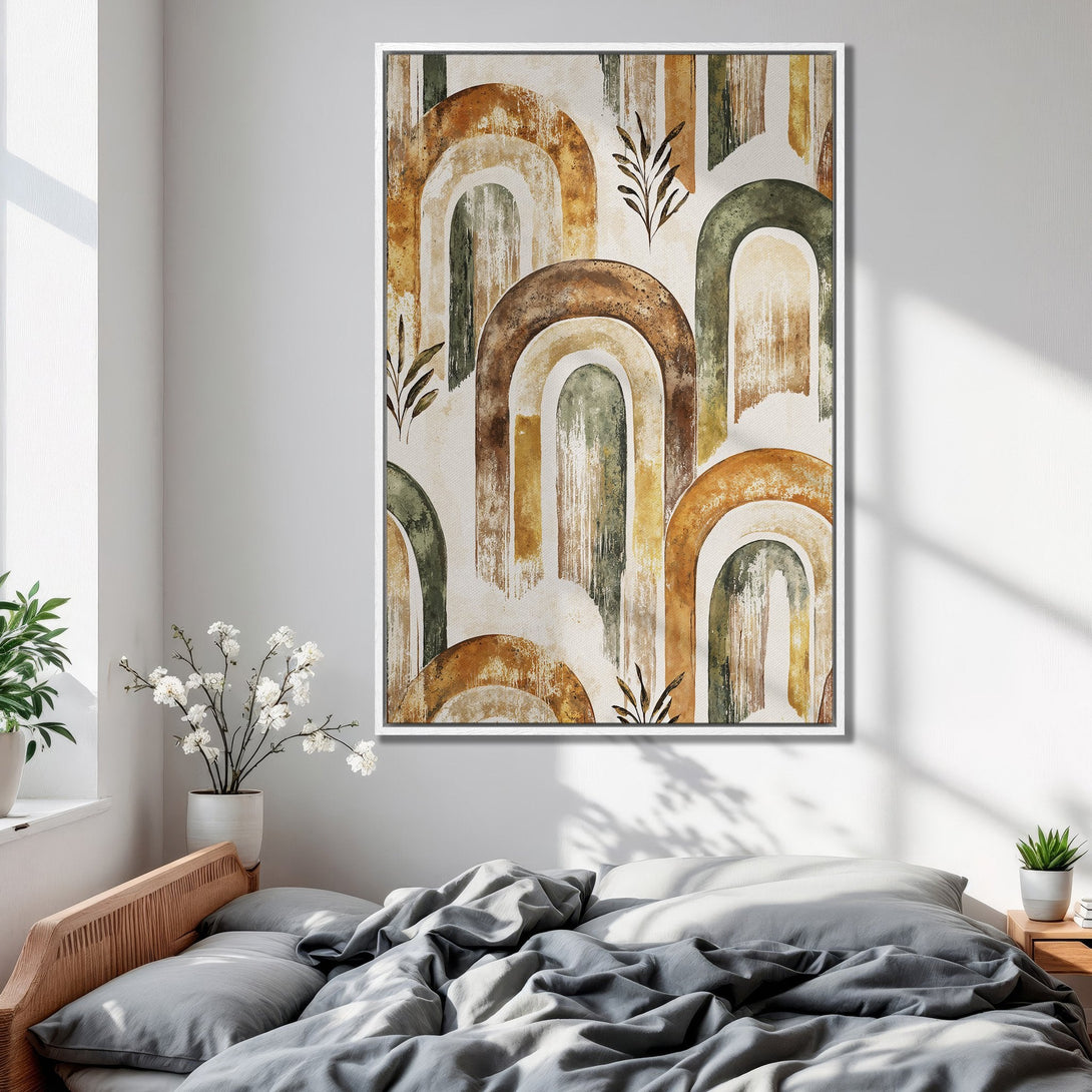Framed Wall Art featuring abstract arch design in earthy tones. Perfect for bedroom decor, this canvas print adds a touch of bohemian style.