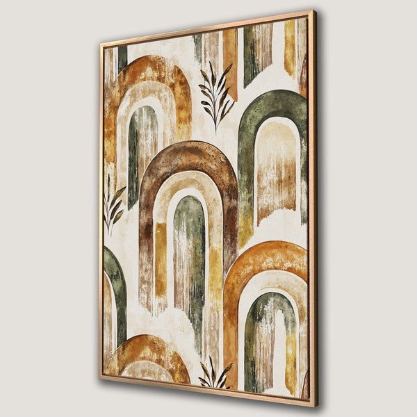 Framed Wall Art featuring abstract watercolor arches in warm earth tones. Modern canvas print perfect for adding a touch of boho style to any space.