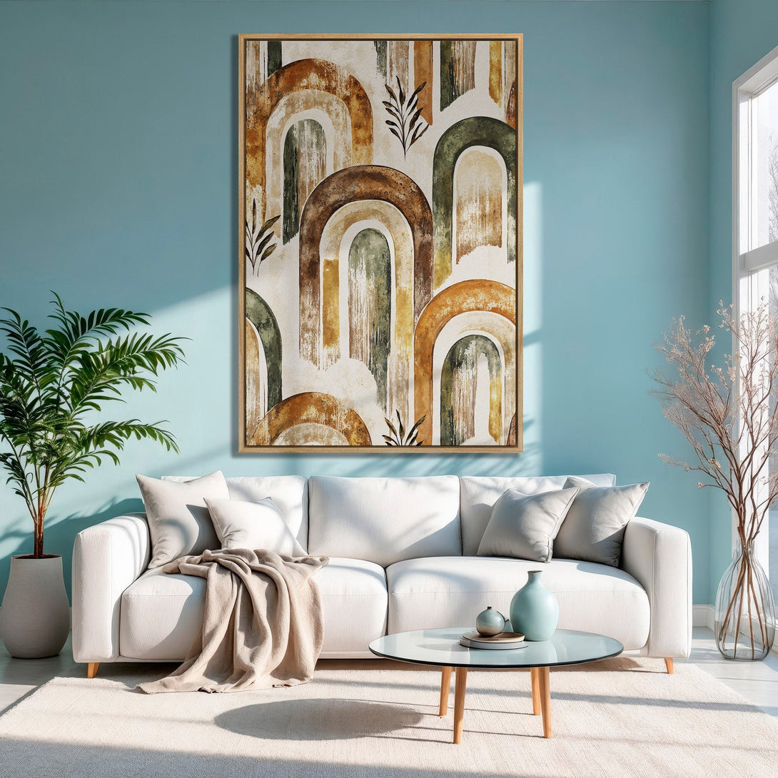 Framed Wall Art: Abstract arch design in warm earth tones. Adds a touch of modern boho style to any space. Perfect for living room or bedroom decor.