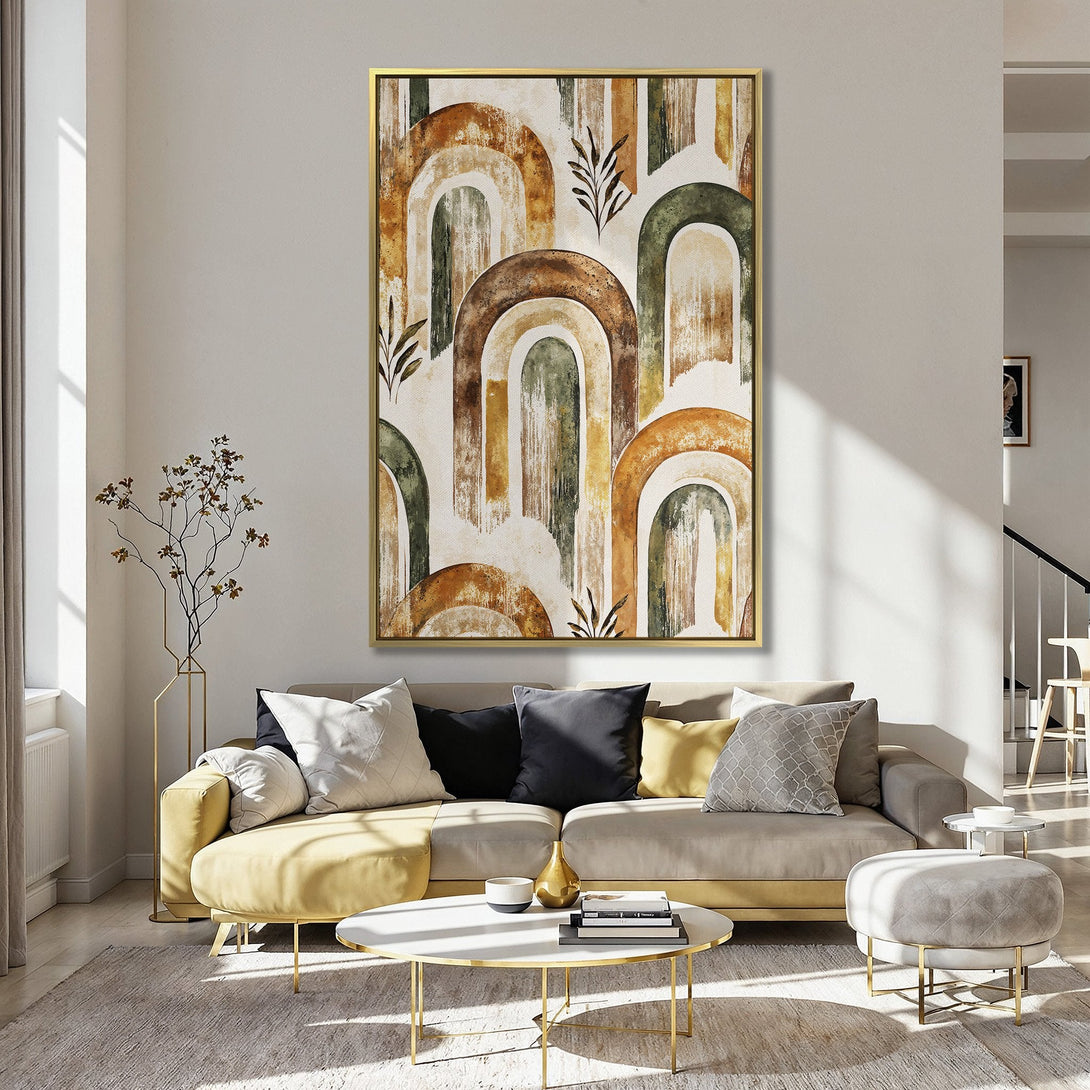 Canvas Print featuring abstract arch design in warm earth tones. Perfect for adding a touch of bohemian style to your home decor.