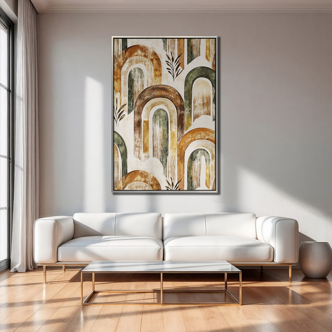 Framed Wall Art featuring abstract arches in warm earth tones. Modern canvas print adds a touch of boho style to any living room.