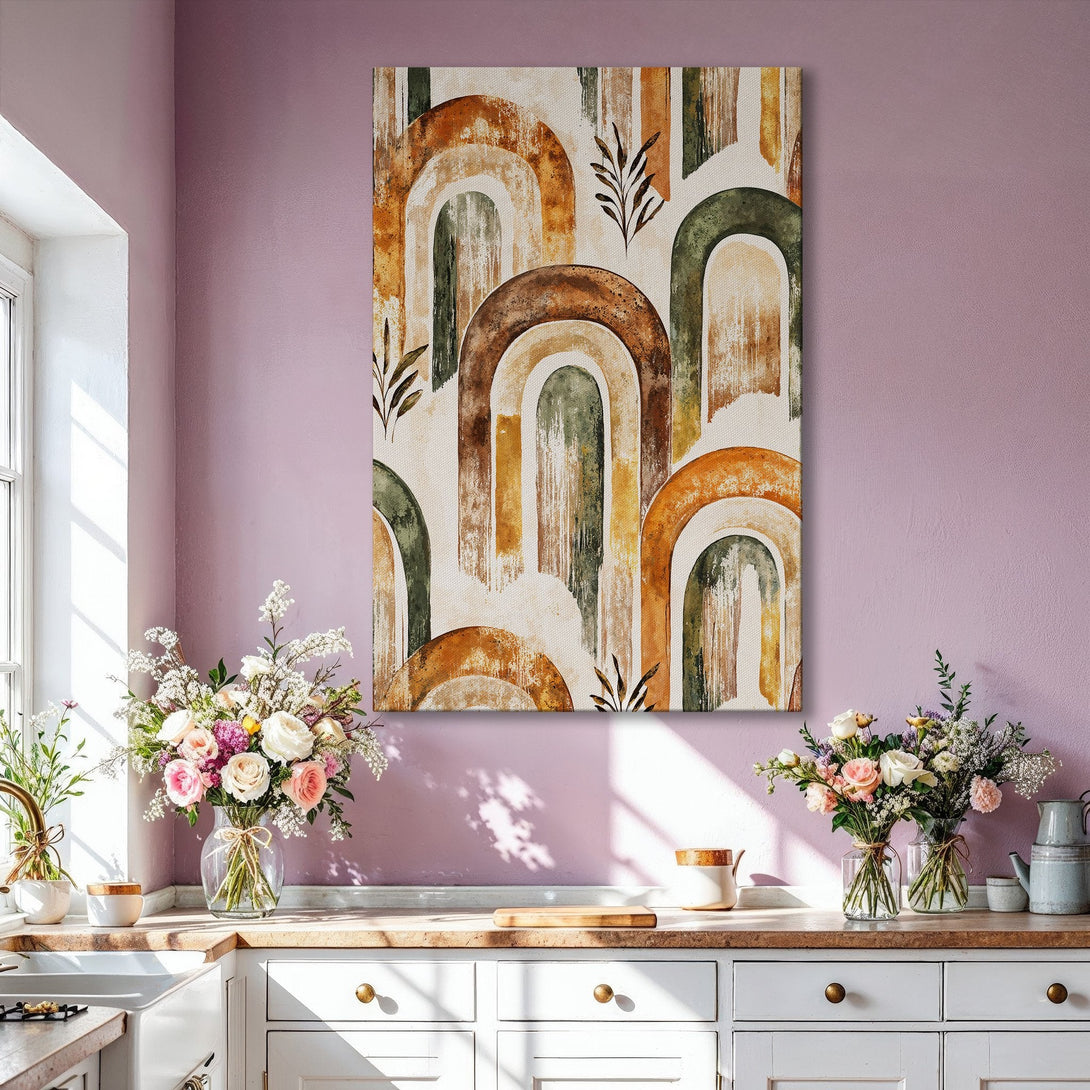 Framed Wall Art featuring an abstract arch design in warm earth tones. Modern decor with a neutral color palette, perfect for living room styling.
