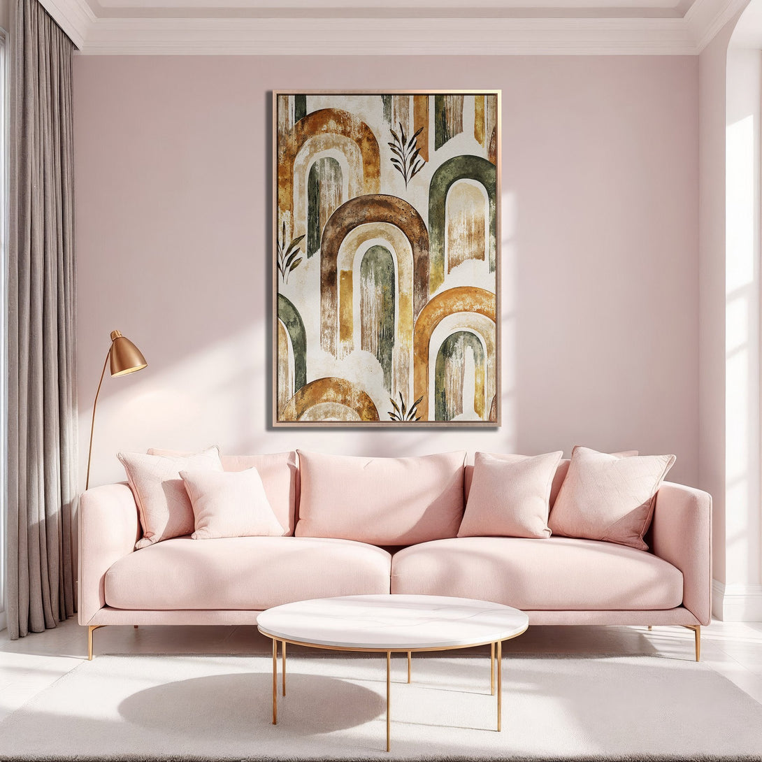 Framed Wall Art featuring an abstract arch design in earthy tones. Modern art with a warm color palette, perfect for living room decor.
