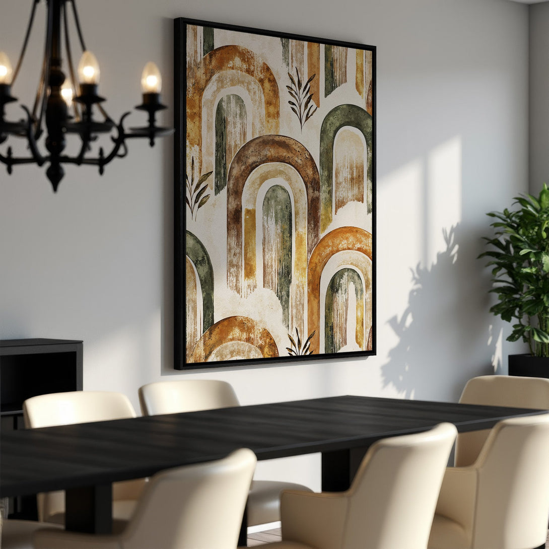 Framed Wall Art featuring an abstract arch design in earthy tones. Perfect for adding a touch of modern art to your dining room or living space.
