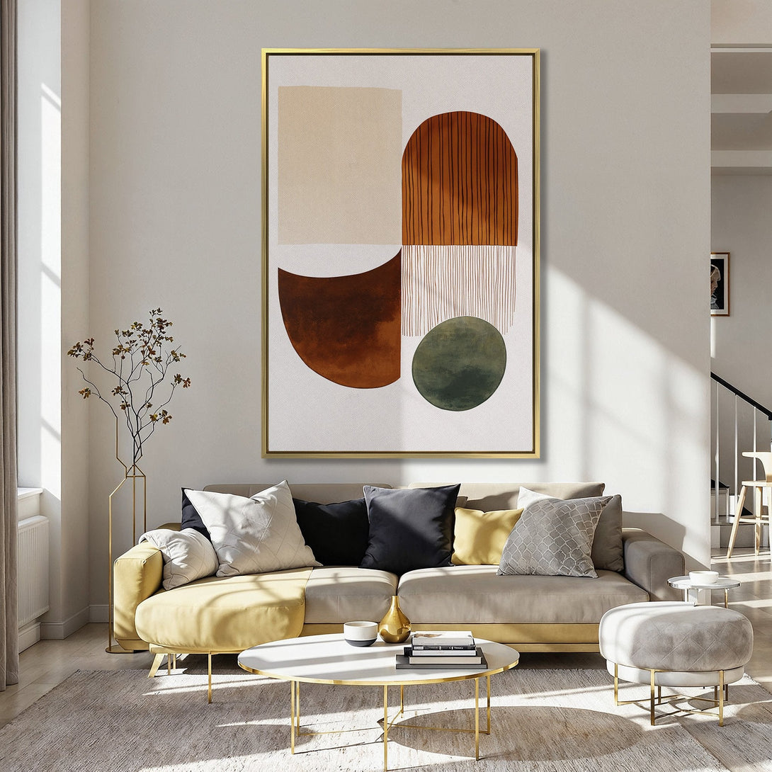 Abstract Canvas Print art in a modern kitchen, featuring geometric shapes and a warm, earthy color palette. Perfect for home decor!
