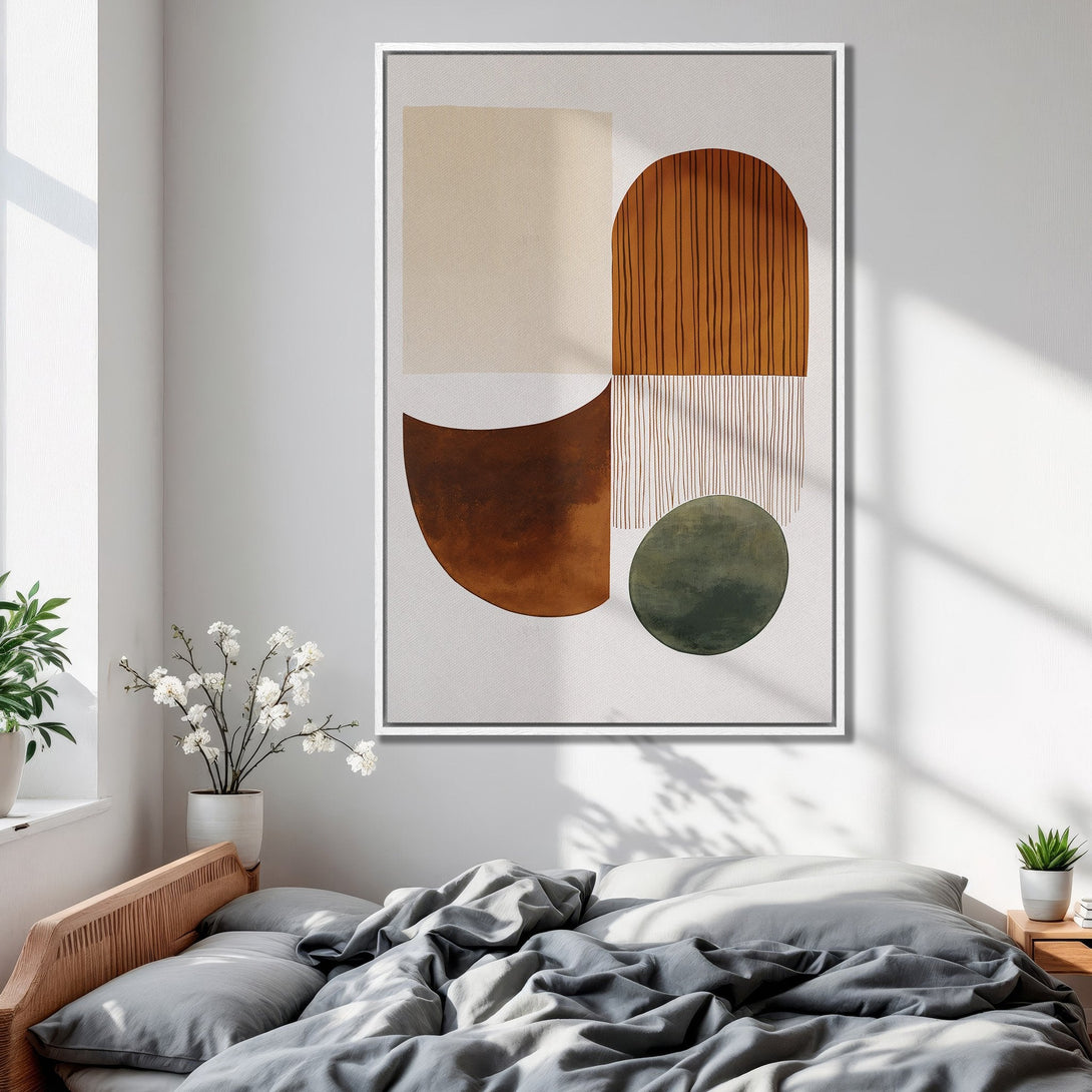 Framed Wall Art featuring abstract geometric shapes in warm earth tones. Modern art for bedroom decor. Neutral color palette.