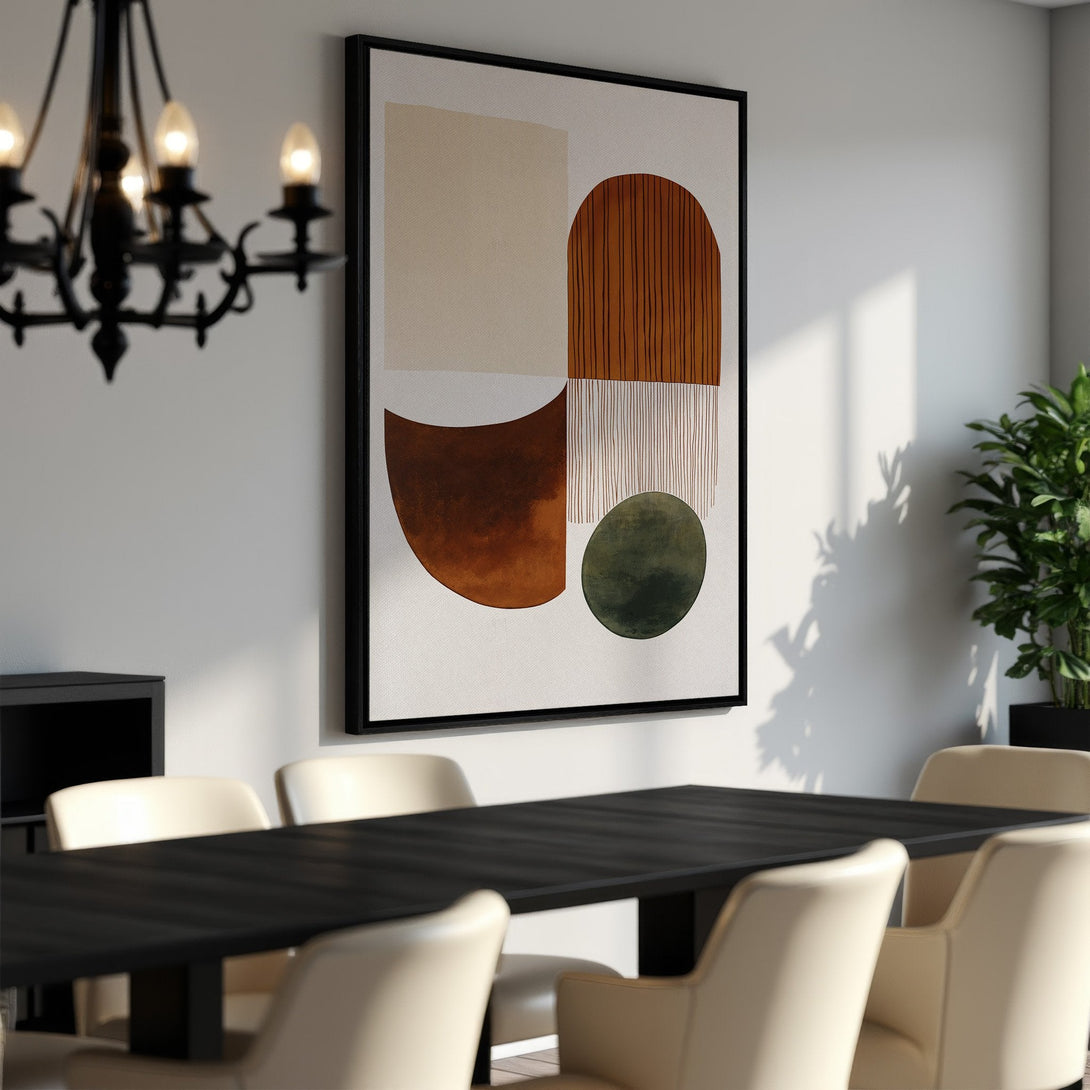 Framed Wall Art featuring an abstract geometric design in earthy tones. Modern art canvas print perfect for dining room decor.
