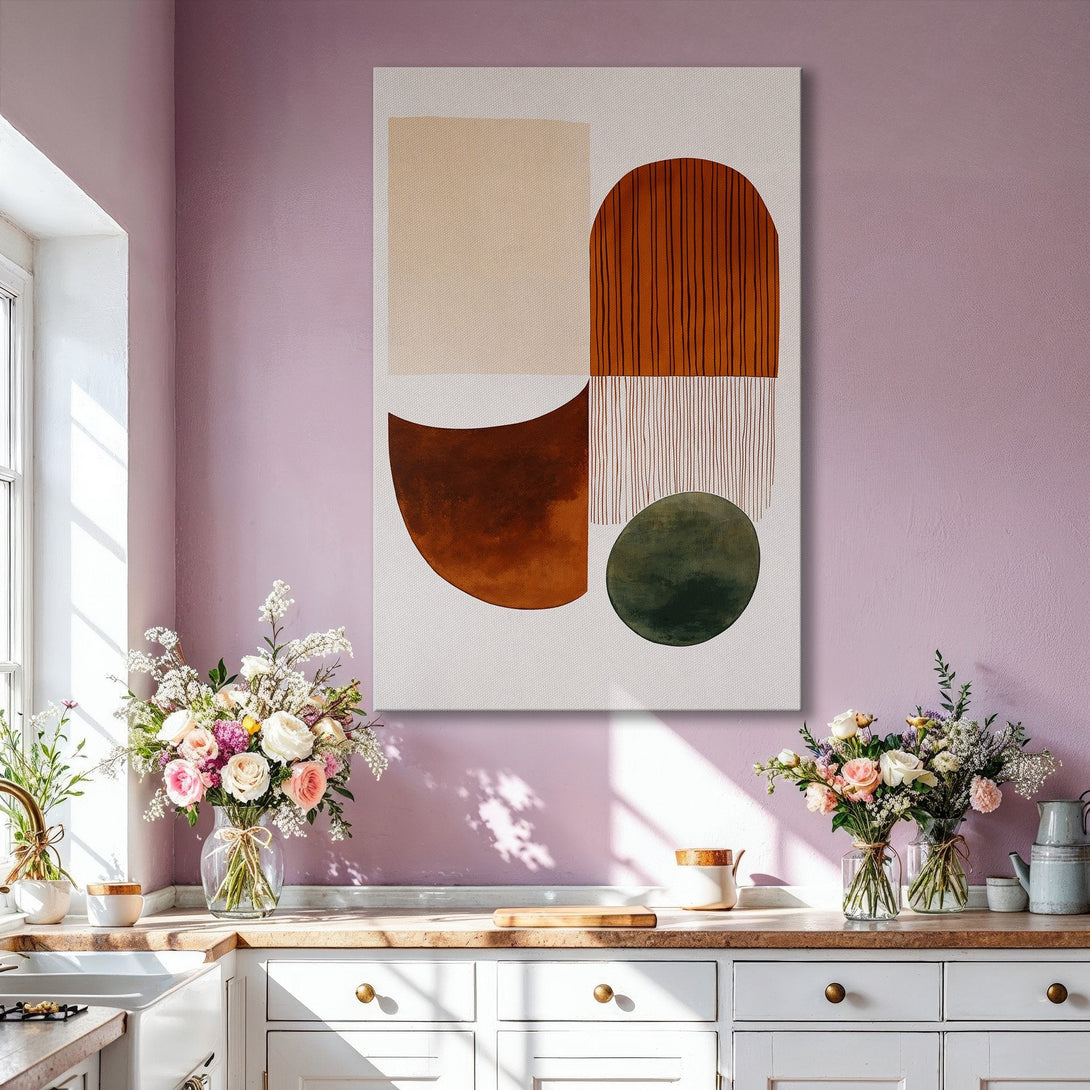Framed Wall Art: Abstract geometric art print in warm earth tones. Modern decor featuring a beige, brown, and green color palette, perfect for living room or bedroom.