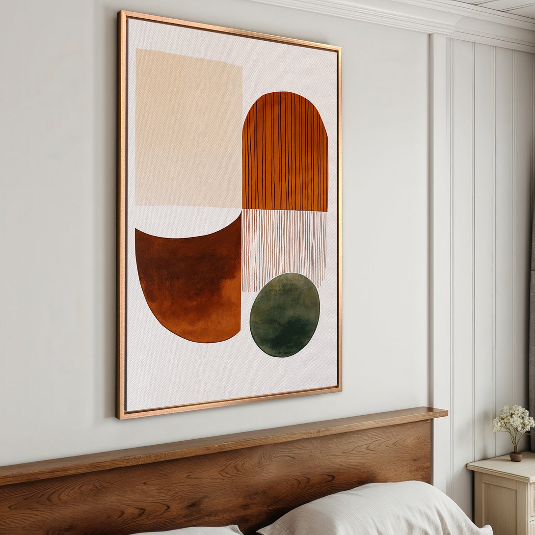 Framed Wall Art: Abstract geometric art in warm earth tones. Modern canvas print for bedroom decor. Enhance your space with stylish wall art.