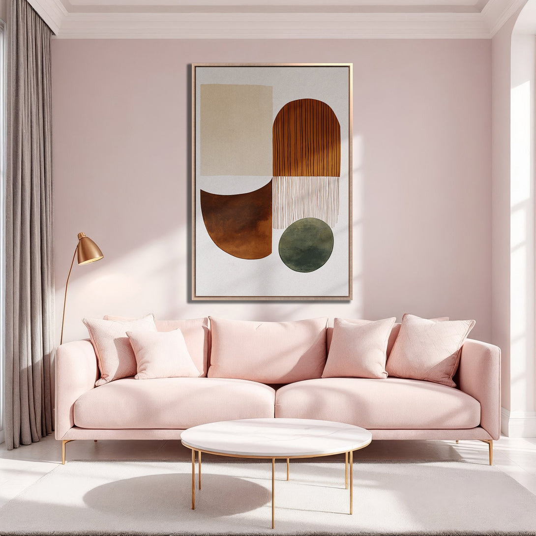 Framed Wall Art in a modern abstract style with warm earth tones. Perfect for adding a touch of elegance to any living room.