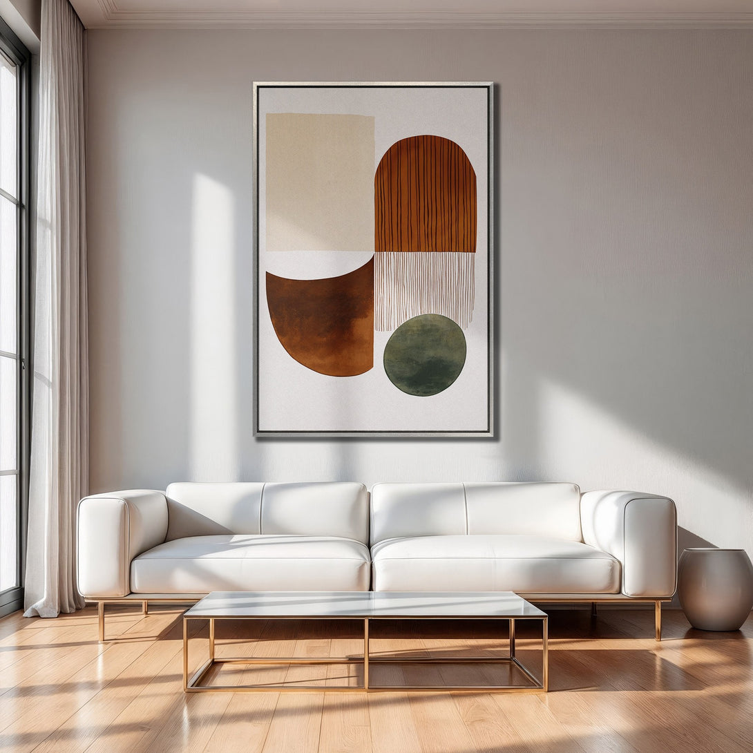 Framed Wall Art: Abstract geometric art in warm earth tones, displayed in a modern living room. Perfect for adding a touch of style to any space.