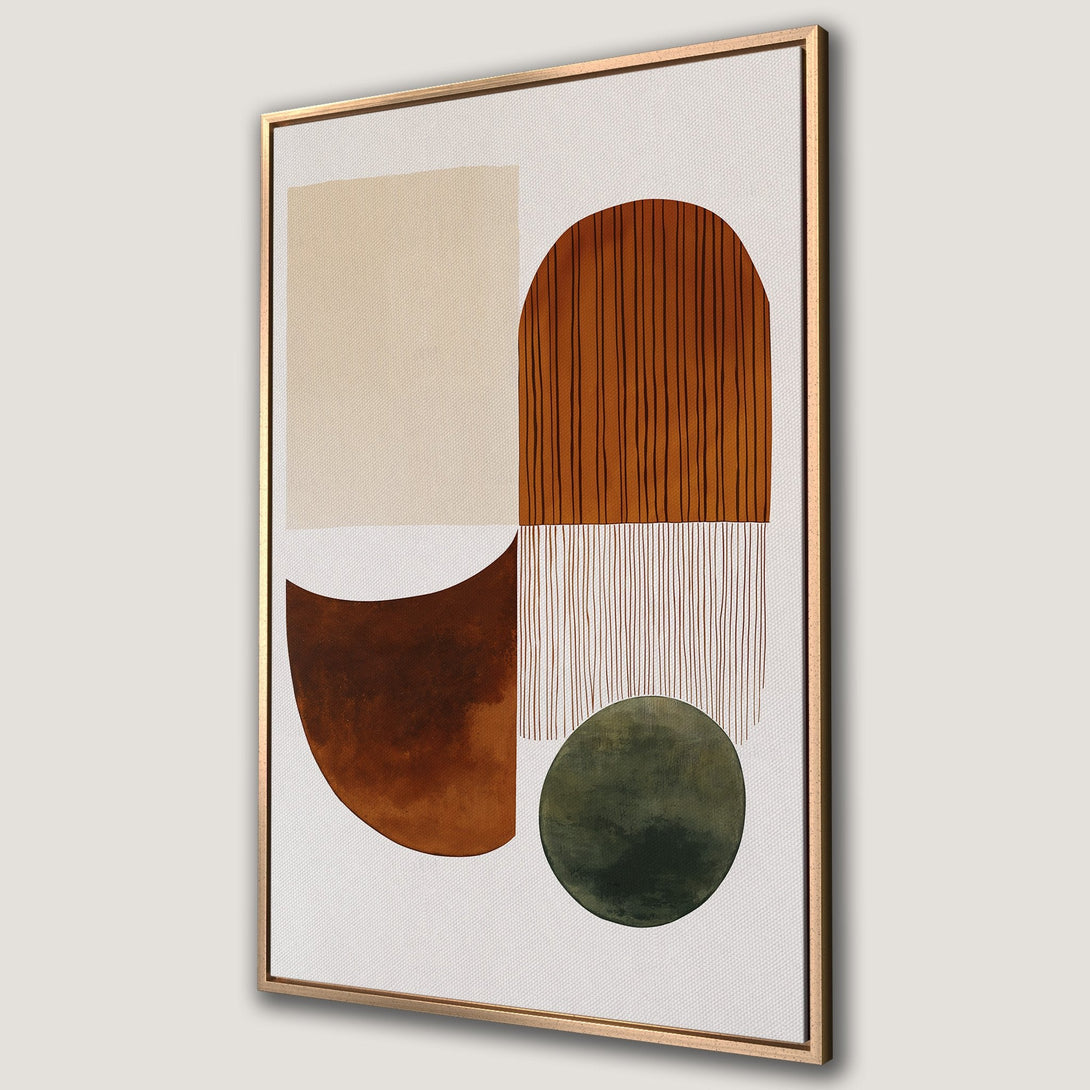 Framed Wall Art: Abstract geometric canvas print in warm earth tones. Modern art with a minimalist style, perfect for adding a touch of elegance to any space.