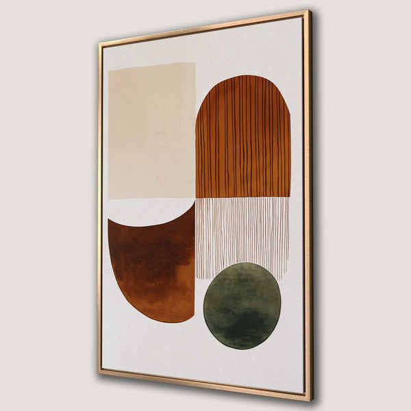 Framed Wall Art: Abstract geometric canvas print in warm earth tones. Modern art with a minimalist style, perfect for adding a touch of elegance to any space.