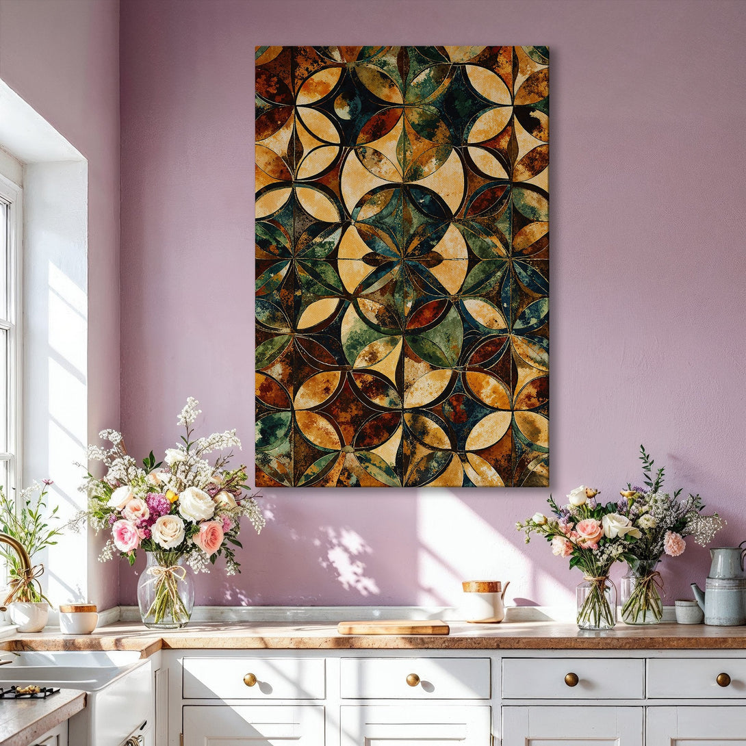 Framed Wall Art: Abstract geometric design in warm earthy tones. Modern art print adds a touch of sophistication and color to any living room.