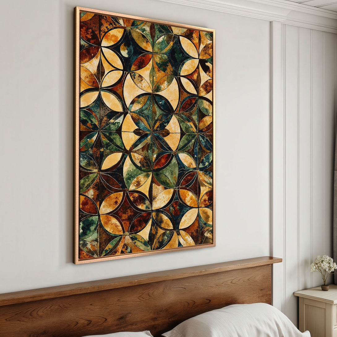 Framed Wall Art featuring a geometric floral pattern in warm earth tones. Perfect for adding a touch of modern art to your bedroom decor.