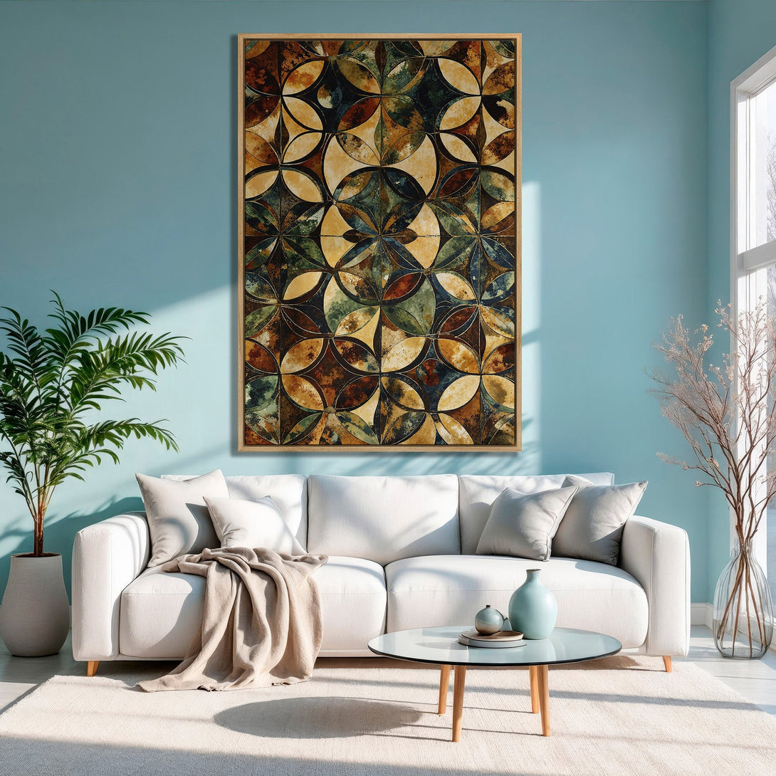 Framed Wall Art: Abstract geometric design in warm earth tones. Perfect for adding a touch of modern elegance to your living room. Shop our Canvas Prints today!