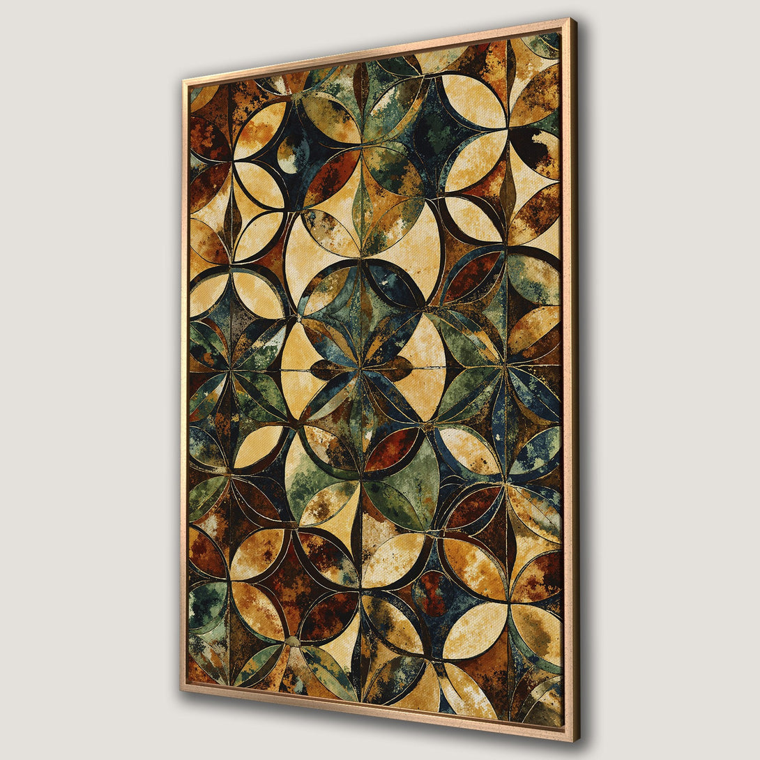 Framed Wall Art featuring an abstract geometric pattern in warm earth tones of brown, gold, and green. Add a touch of modern art to your home!