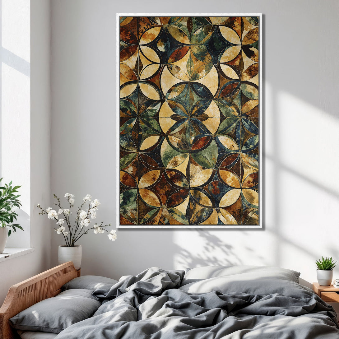 Framed Wall Art featuring a geometric abstract pattern in earthy tones. Perfect for adding a touch of modern style to your bedroom decor.