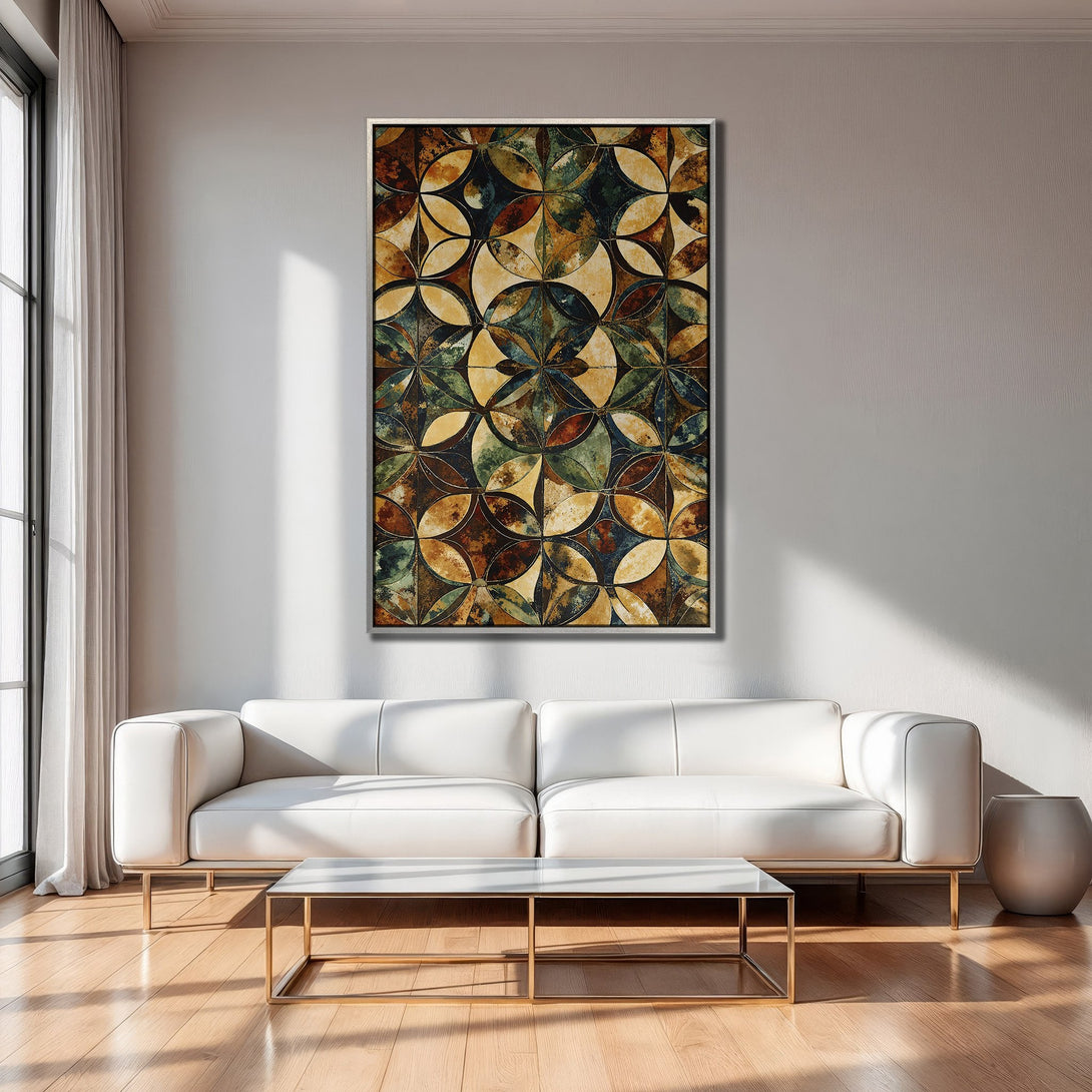 Framed Wall Art: Abstract floral design in earthy tones. Modern canvas print adds warmth and style to any living room. Shop now!