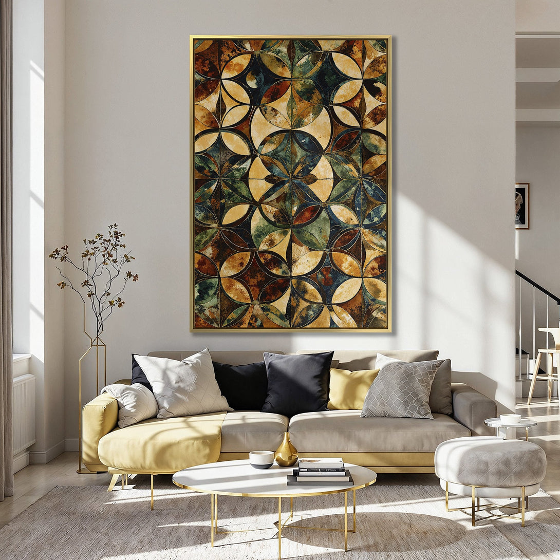 Canvas Print featuring a geometric floral design in warm earth tones. Adds a touch of modern art to any space. Interior design inspiration.