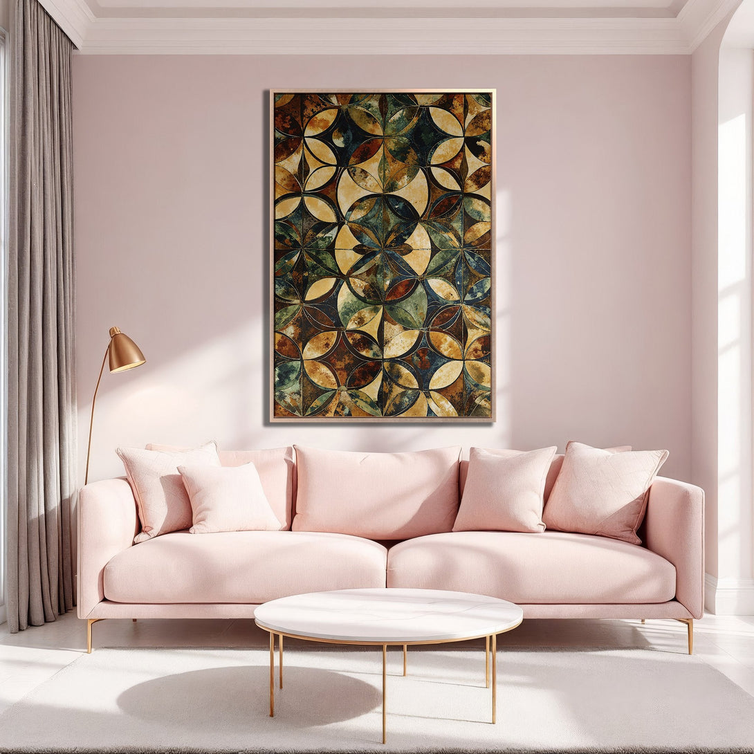 Framed Wall Art featuring a geometric pattern in earthy tones. Modern decor in a blush pink living room setting. Enhance your space with this elegant piece.