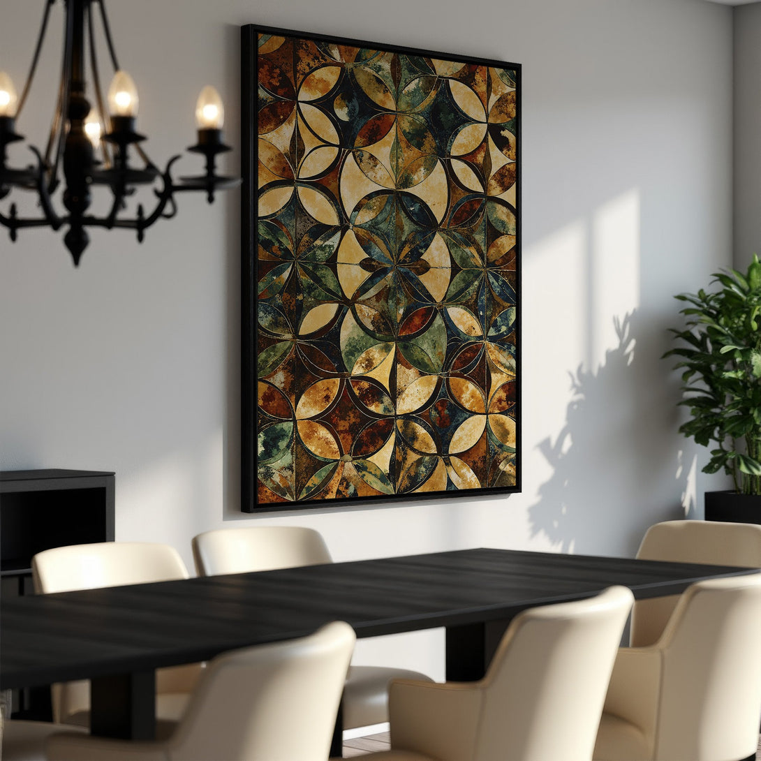 Framed Wall Art: Abstract geometric design in warm earthy tones. Perfect for dining rooms! Add a touch of elegance with this stunning canvas print.