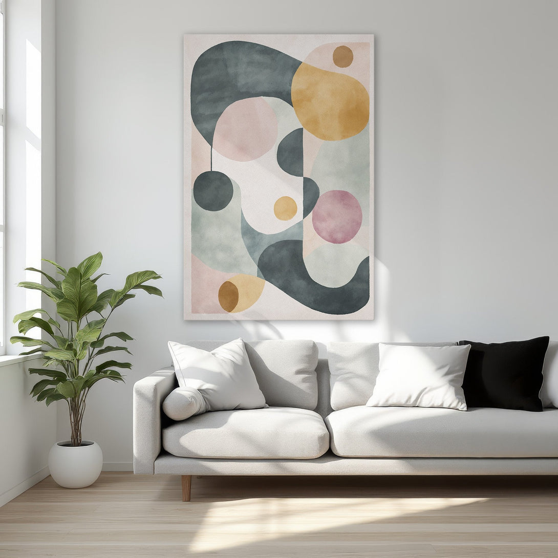 Framed Wall Art featuring an abstract geometric design in muted pinks, greens, and golds. Perfect for modern interior decor.