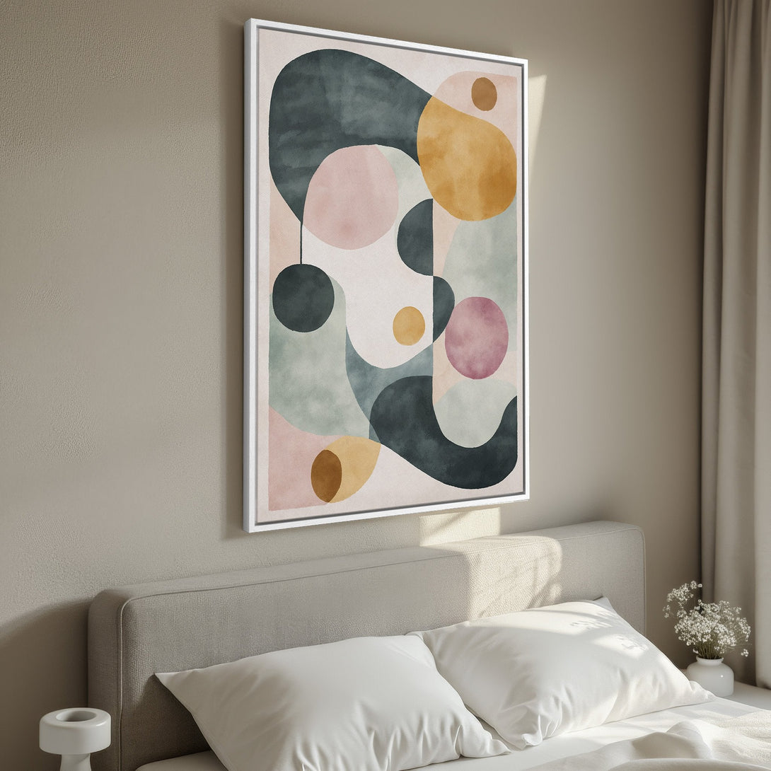 Framed Wall Art: Abstract art canvas print with geometric shapes in muted pink, green, and gold. Modern artwork perfect for bedroom decor.