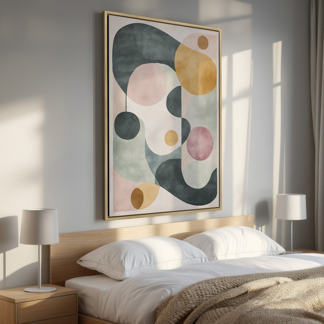 Framed Wall Art: Abstract geometric design in muted pinks, greens, and yellows. Modern art canvas print adds a touch of elegance to any bedroom.