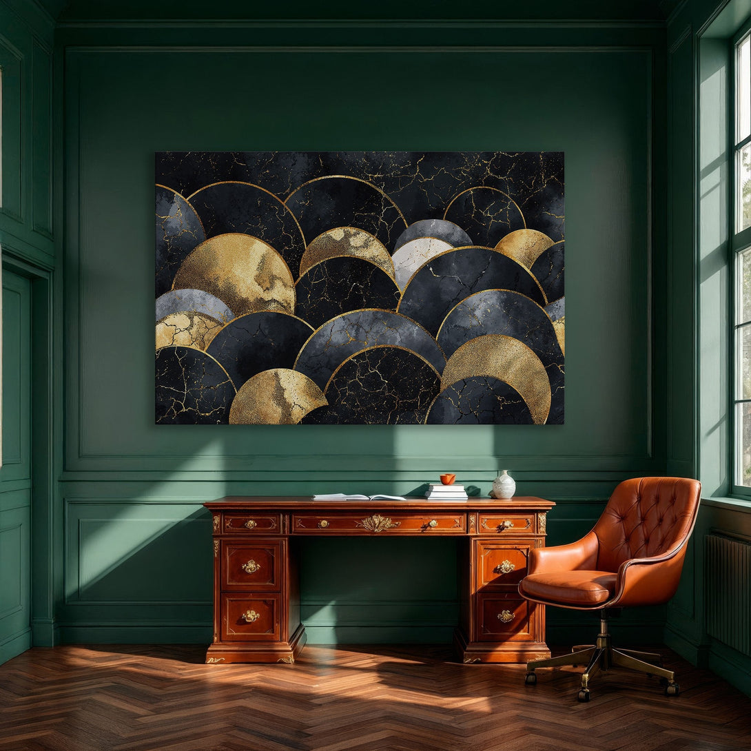 Framed Wall Art featuring abstract geometric design in black, gold, and gray. Modern art canvas print for elegant home decor.