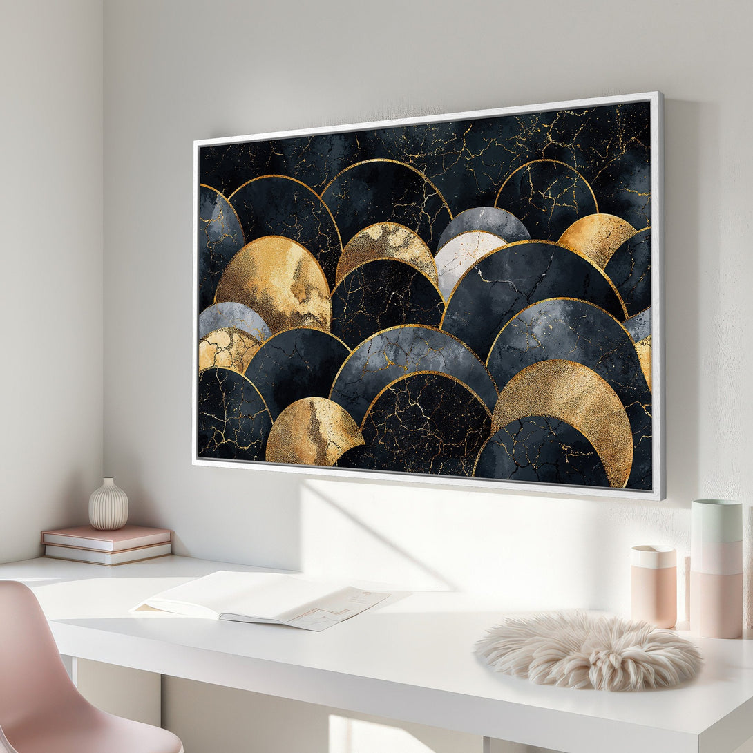 Framed Wall Art featuring an abstract design of overlapping circles in black, gold, and grey. Modern art print perfect for home decor.