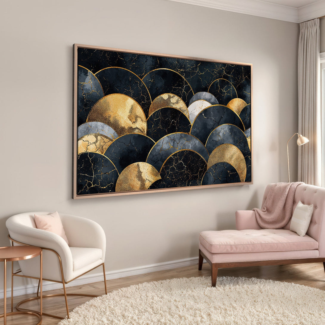 Framed Wall Art featuring abstract gold and navy design. Modern canvas print with a luxurious, elegant style and a rich color palette. Perfect for home decor.