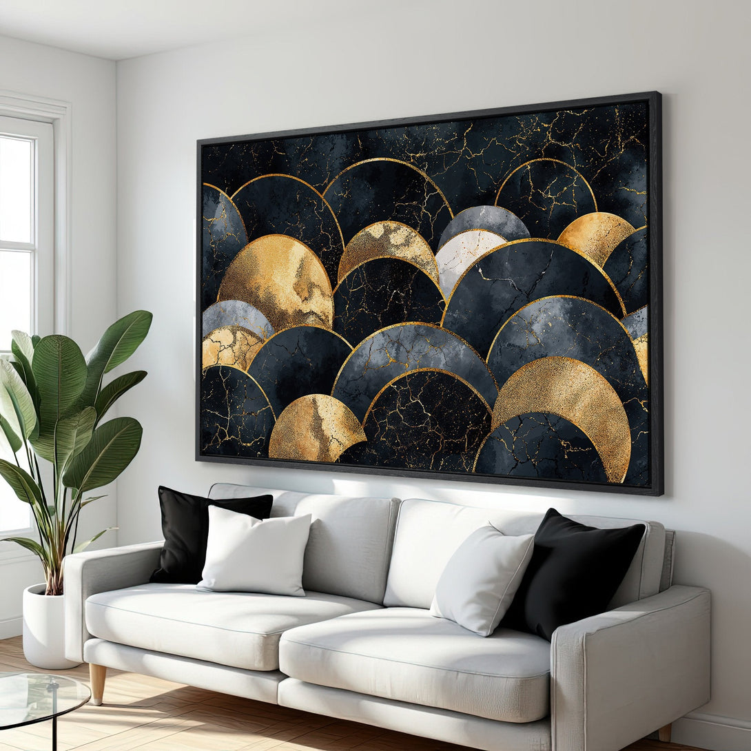 Framed Wall Art: Abstract gold and navy blue art print. Modern geometric design with a luxurious, sophisticated style. Perfect for living room decor.