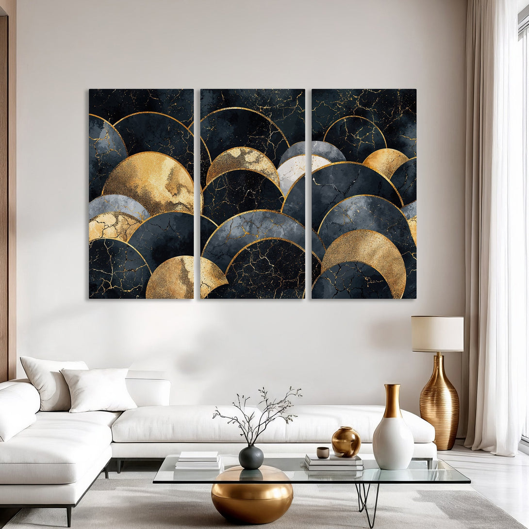 Canvas Print: Abstract art in gold and navy blue. Modern wall decor for living room. Elegant, stylish artwork for home.