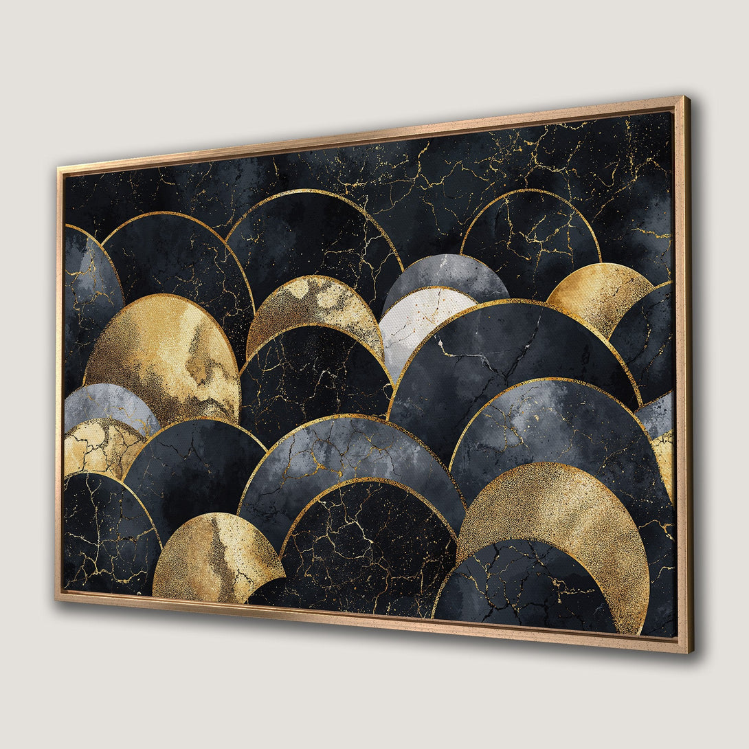 Framed Wall Art featuring abstract geometric design in black, gold, and gray. Modern, elegant Canvas Print for home decor.