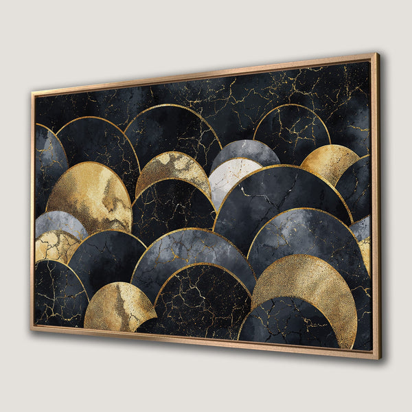 Framed Wall Art featuring abstract geometric design in black, gold, and gray. Modern, elegant Canvas Print for home decor.
