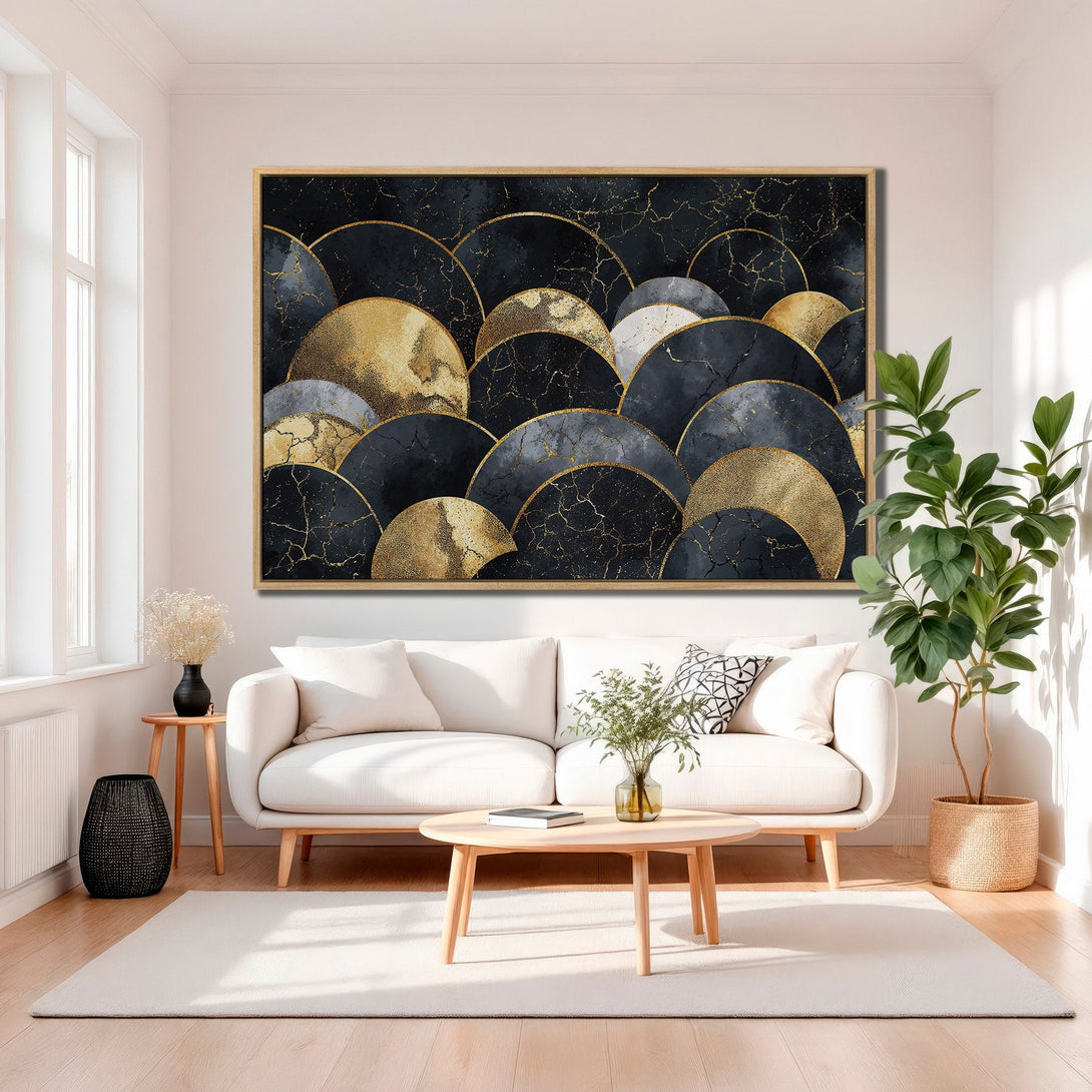 Framed Wall Art featuring an abstract design with gold and black geometric shapes. Modern art canvas print in a luxurious black and gold color palette.