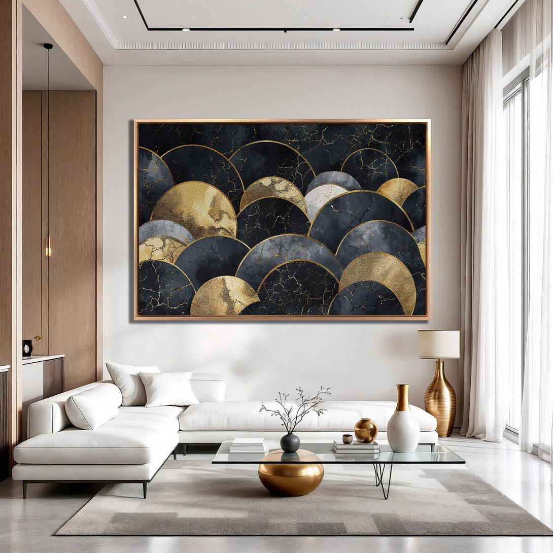 Framed Wall Art featuring abstract gold and black geometric design. Modern art canvas print in a luxurious interior with gold accents.