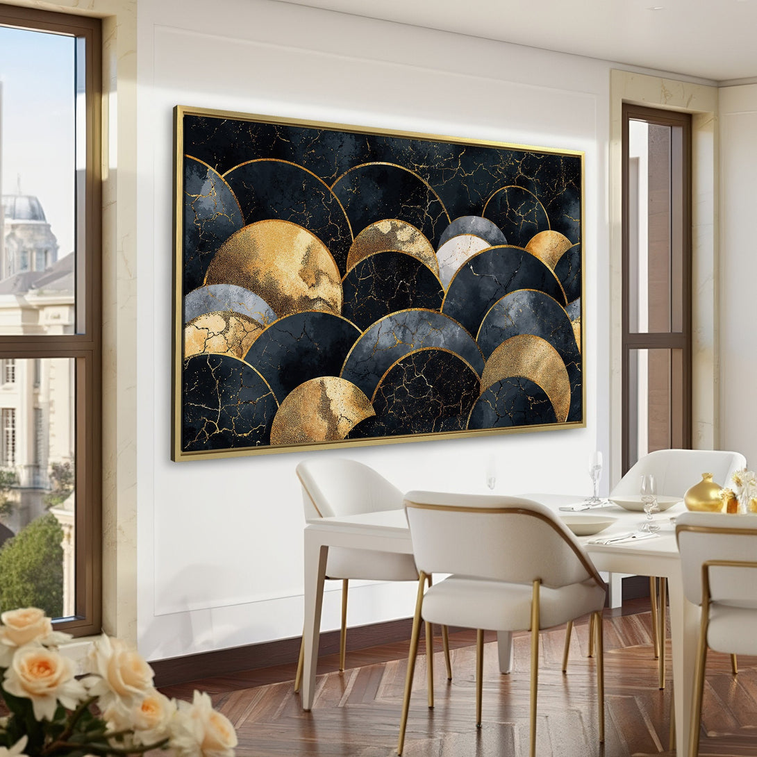 Canvas Print: Abstract art in gold, black, and gray. Modern wall decor in a luxurious interior with a dark green color scheme.