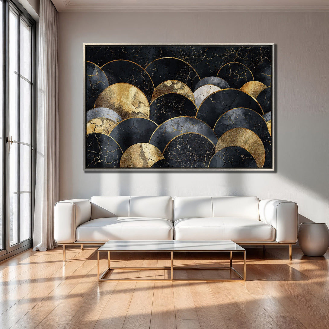 Framed Wall Art: Abstract gold and black canvas print. Modern art decor with a luxurious, geometric design in a contemporary interior.