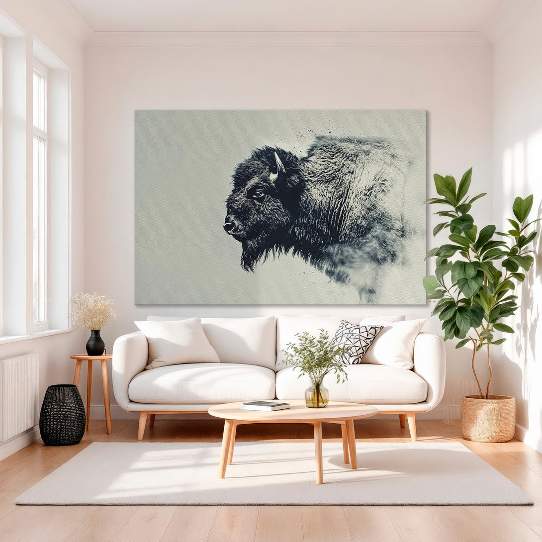 Framed Wall Art: Bison portrait in black & white. Modern canvas print with gold frame, perfect for adding a touch of nature to your home decor.