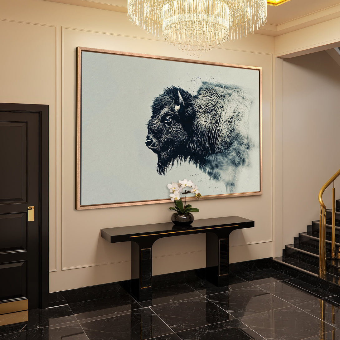 Framed Wall Art: Bison canvas print in a modern interior. Black and white animal art with a neutral color palette, perfect for home decor.