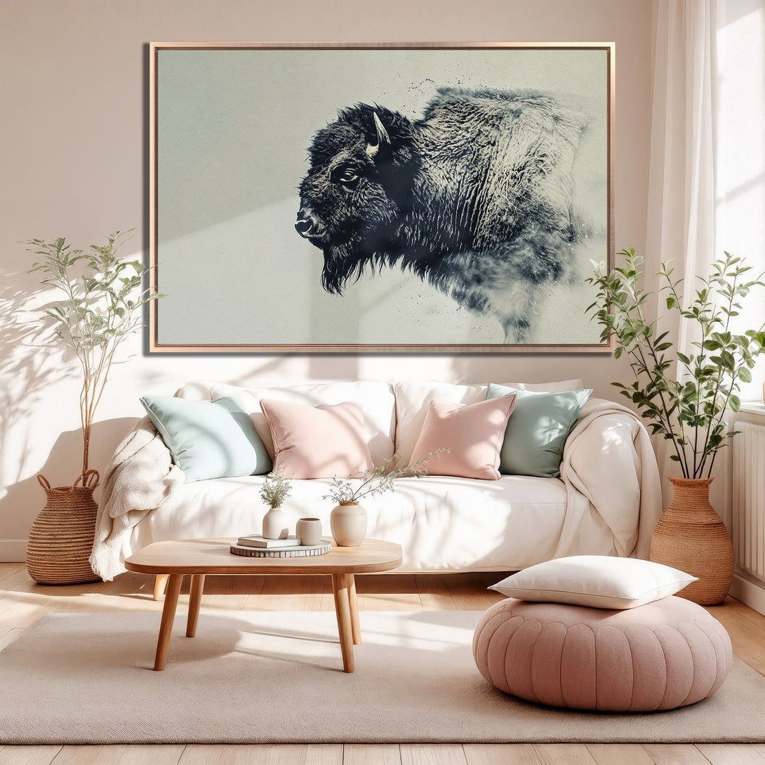 Framed Wall Art featuring a majestic bison in a muted black and white watercolor style, perfect for adding a touch of nature to your home decor.