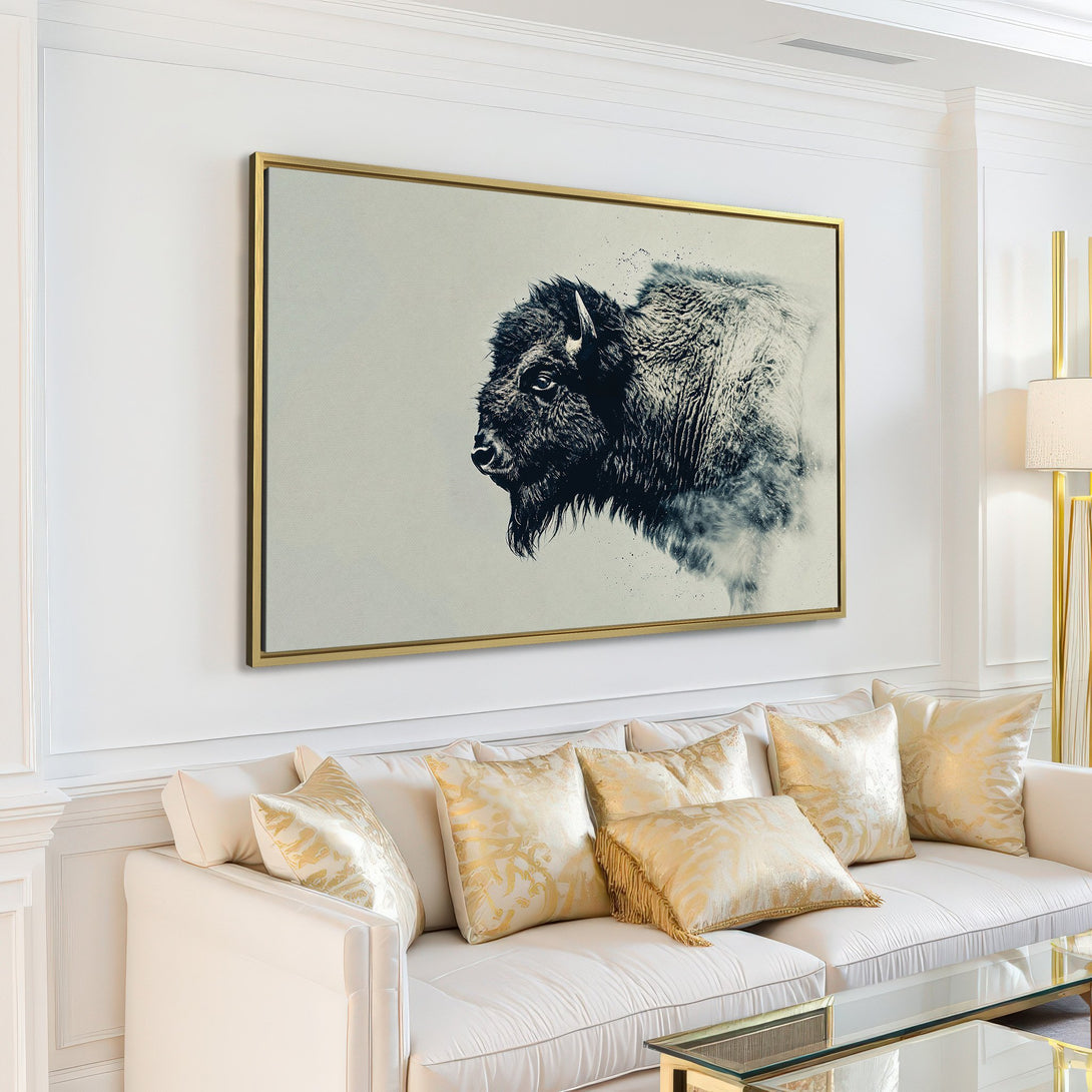 Canvas Print of a majestic bison in black and white, adding a touch of nature and modern style to any living room.