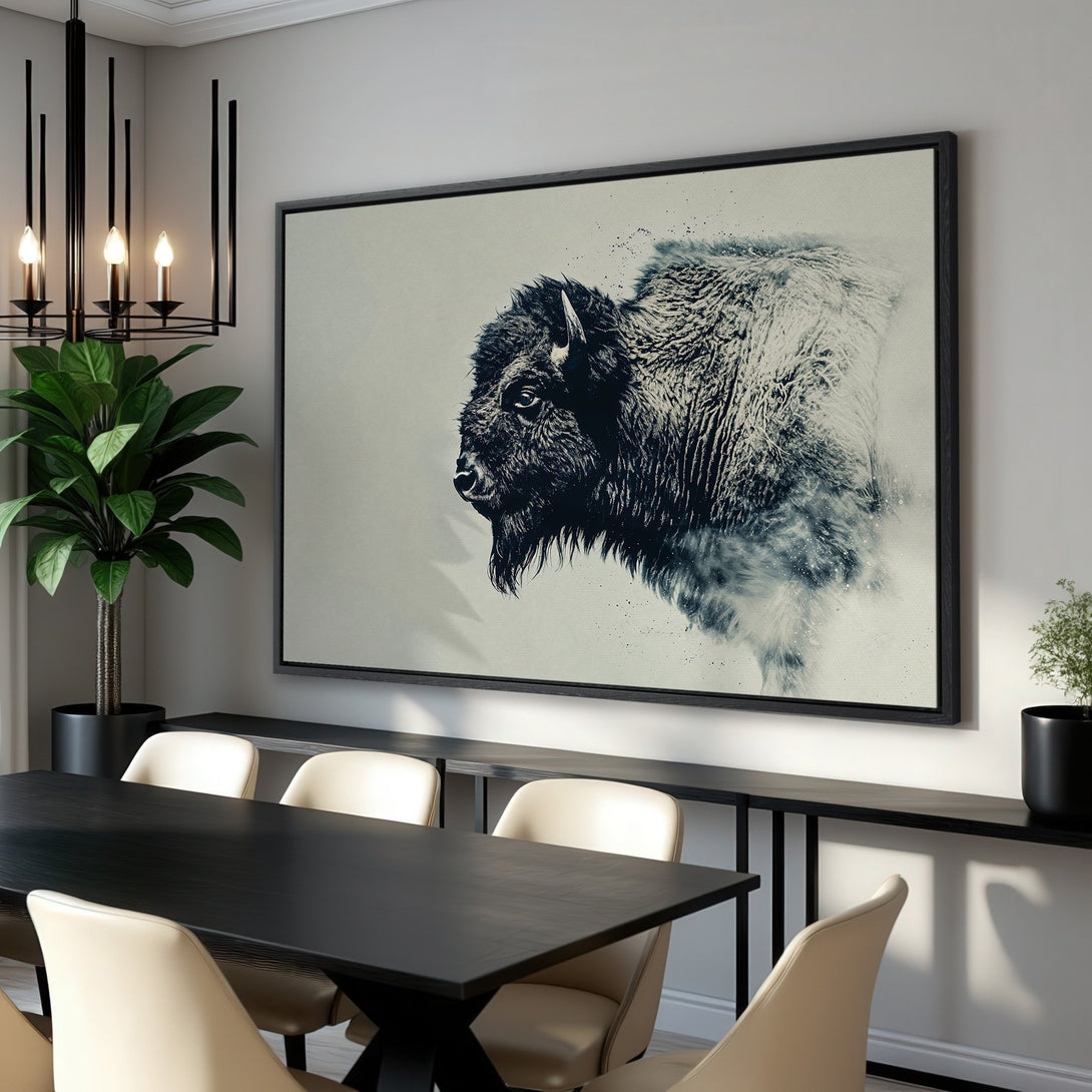 Framed Wall Art: Majestic bison canvas print in a modern dining room. Black and white artwork with a neutral color palette, perfect for any decor.