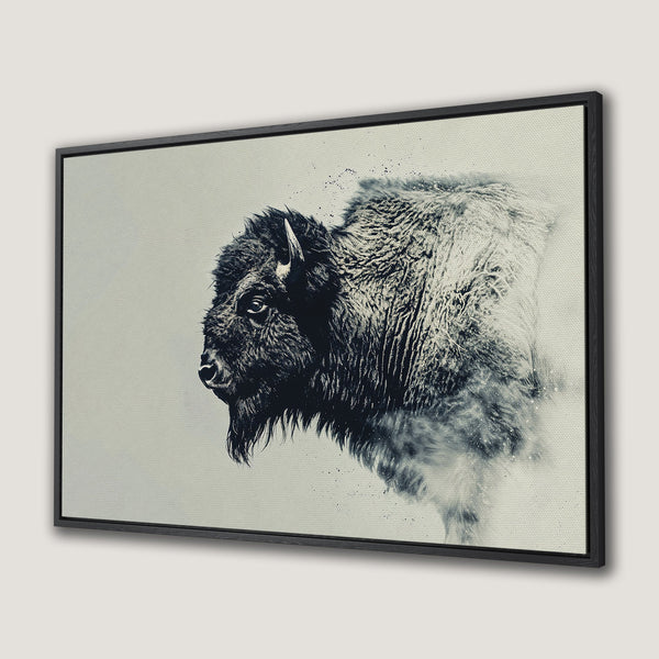 Framed Wall Art featuring a majestic bison in a monochrome, artistic style. Perfect for adding a touch of nature and elegance to your home decor.