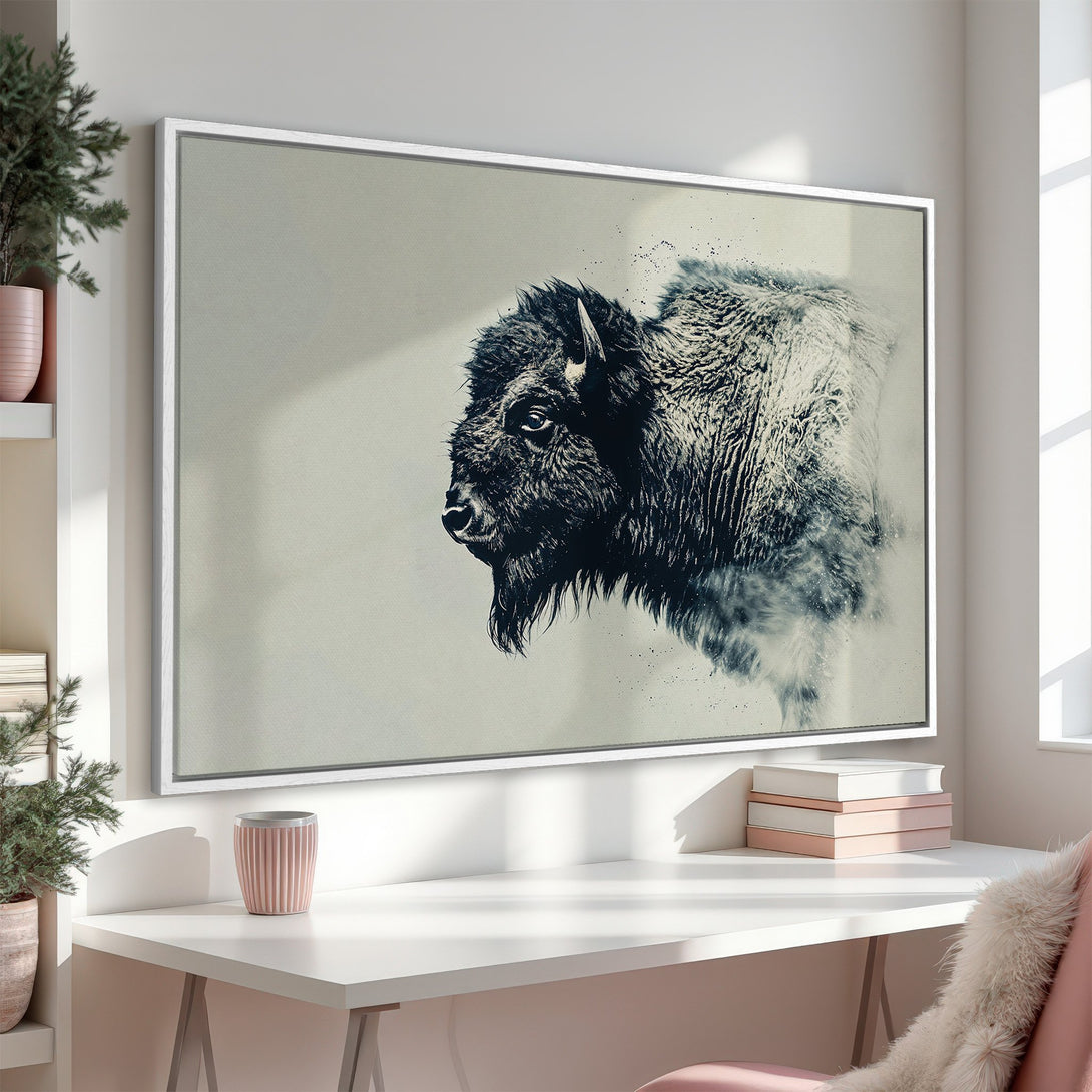 Framed Wall Art: Bison portrait in monochrome tones. Modern Canvas Print adds rustic charm to any room. Neutral color palette, perfect for home decor.