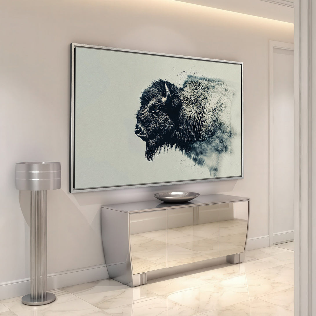 Framed Wall Art featuring a majestic bison in a minimalist, monochrome style. Perfect for modern home decor, this canvas print adds a touch of nature.