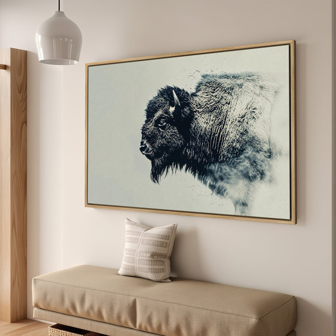 Framed Wall Art featuring a majestic bison. Rustic, monochrome style with a neutral color palette, perfect for adding a touch of nature to your home decor.