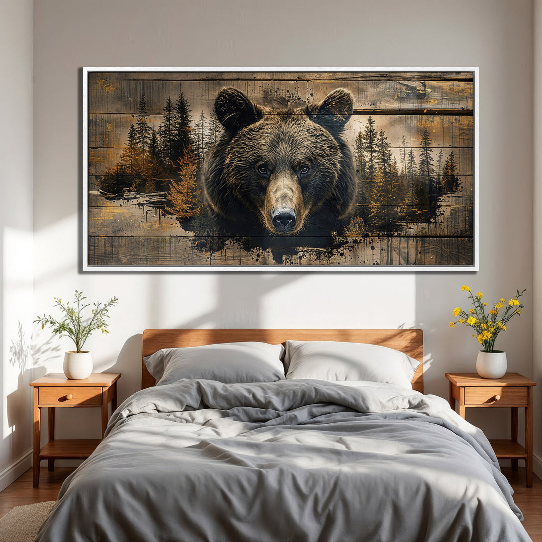 Framed Wall Art featuring a majestic bear in a rustic style, with a warm brown and gold color palette, perfect for bedroom decor.